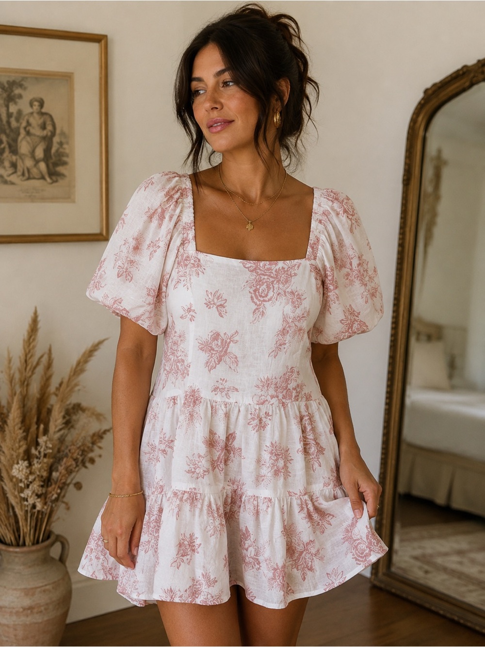 Chelsea & Violet White Mini Linen Blend Dress with Dusty Rose Floral Print - L